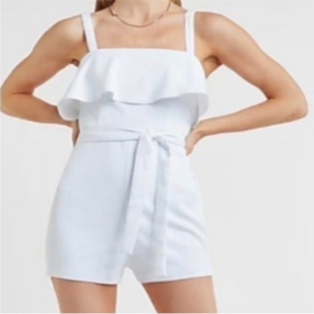 Express white ruffle tie romper with pockets